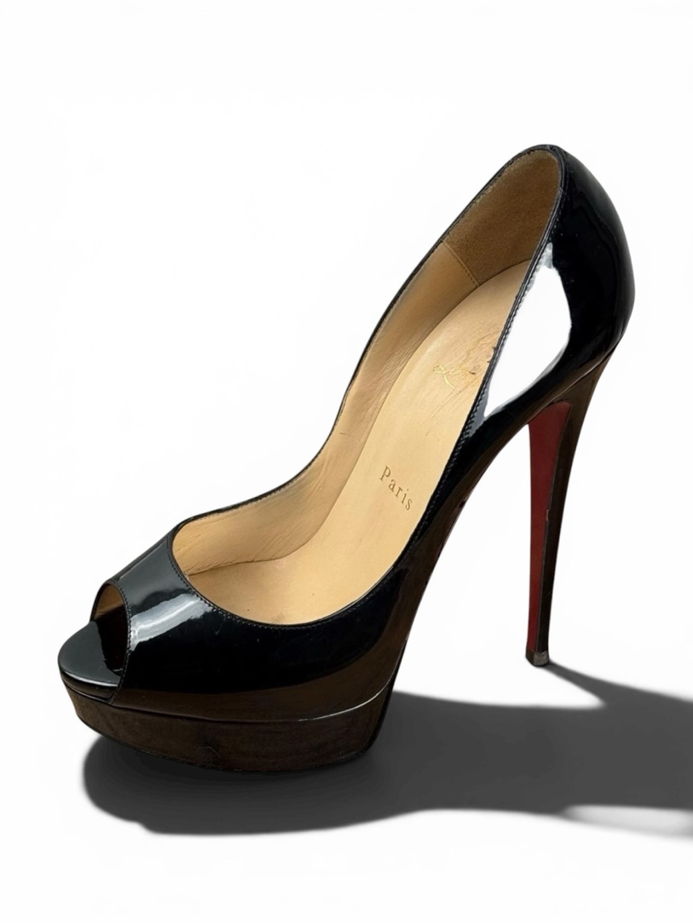 Christian Louboutin black patent leather peep-toe platform pumps, size 38